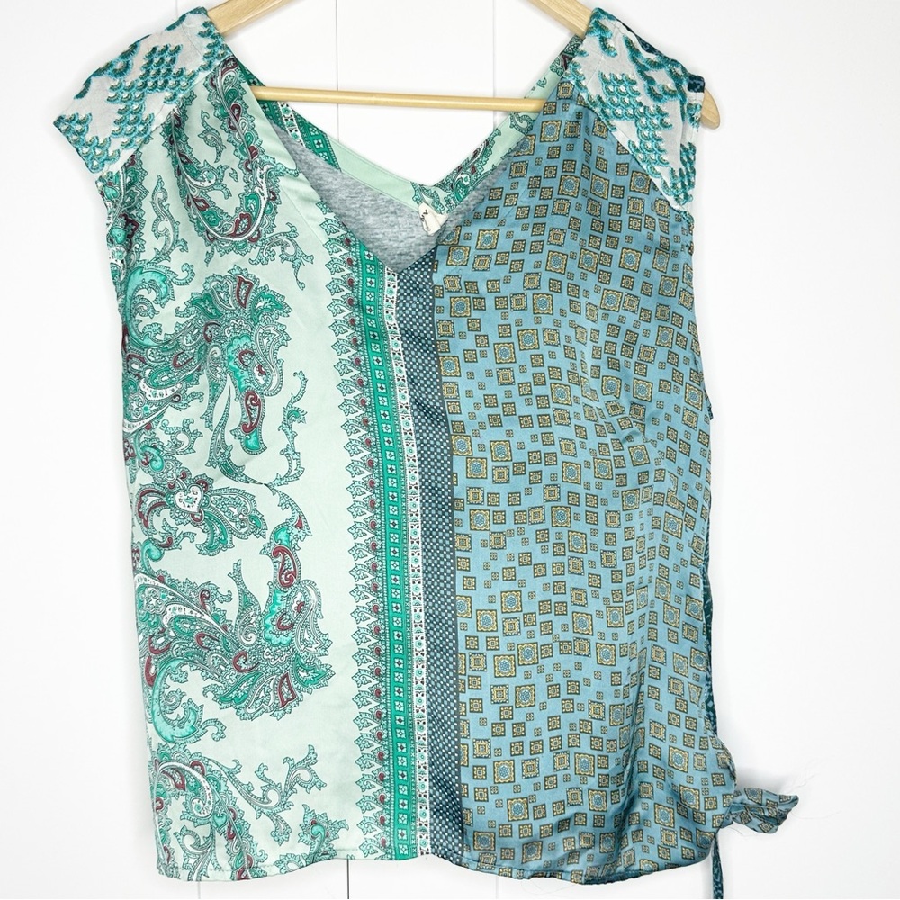 Anthropologie Tiny Kumiko Mix Print Blouse Large teal turquoise embroidered tank - Picture 3 of 12